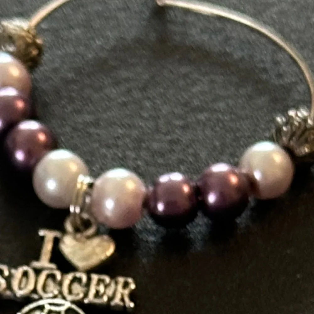 Wine glass tag, stainless steel purple/white/metal beads, Soccer charm